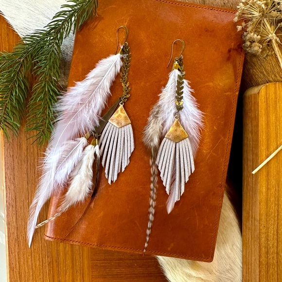 Suede Fringe Arrow Feather Antique Brass Bohemian Statement Earrings - Picture 2 of 11